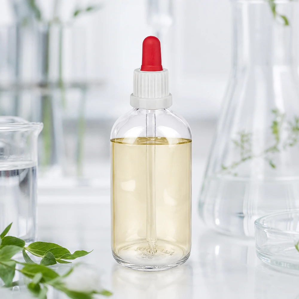 Doorzichtige laboratoriumfles van 100 ml met rode siliconen dop en witte pipetdop ClearLine