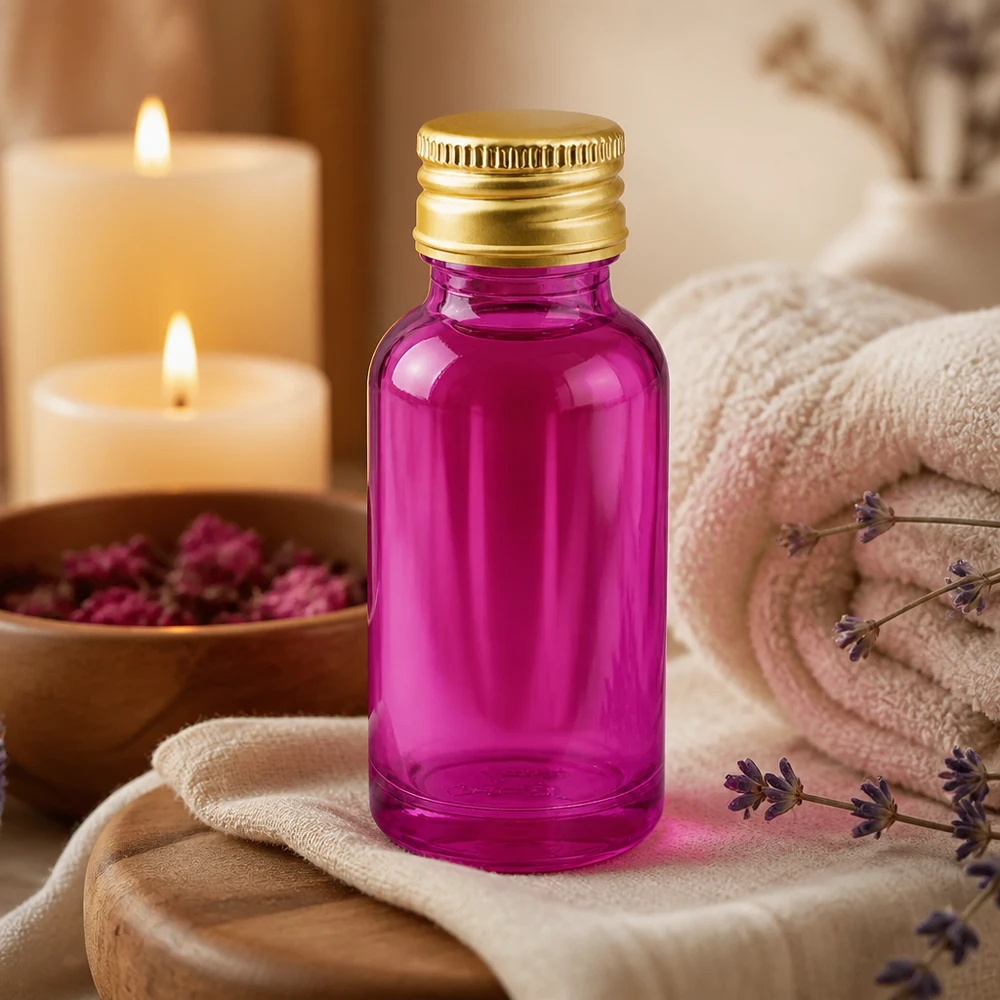 20ml flacon 11mm schroefdop aluminium gouden standaard PurpleLine. UT18/20 Handig violet glazen flesje 20ml ideaal als reisformaat voor oliën en essences voor onderweg