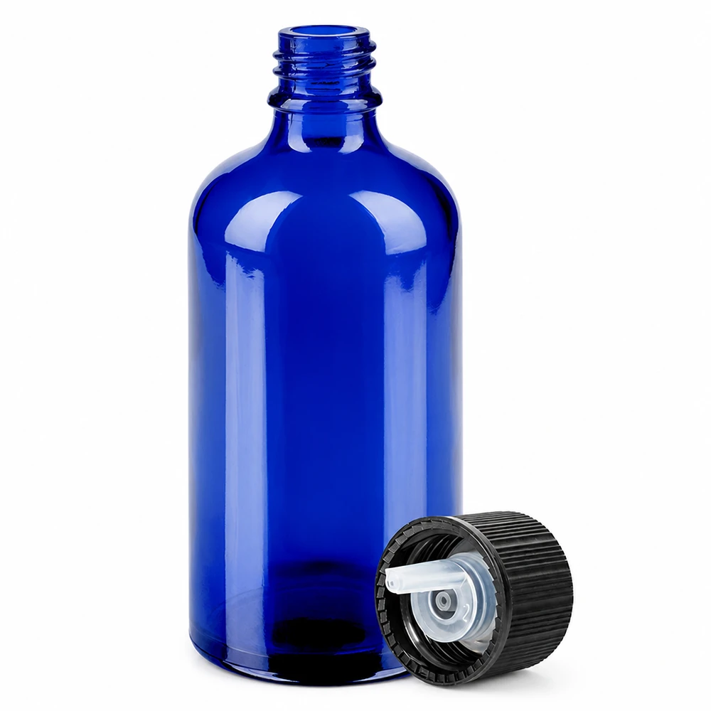 100ml druppelfles 1mm zwart STD BlueLine UT18/100 100 ml glazen fles blauw met 1 mm druppelaar en zwarte schroefdop voor nauwkeurig doseren