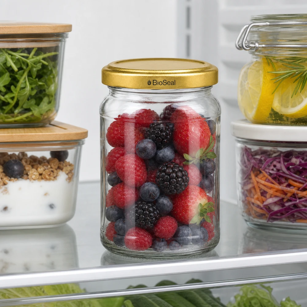 205ml rond glas met BioSeal deksel goud UNiTWIST UNiTWIST Runda205 Koelkast voorraadpot gevuld met bessen TO58 BioSeal gouden deksel Meal Prep voorraadpot