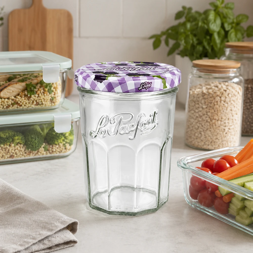 Le Parfait bekers 385ml in een moderne keuken tussen voorraadpotten en groenten als opbergoplossing