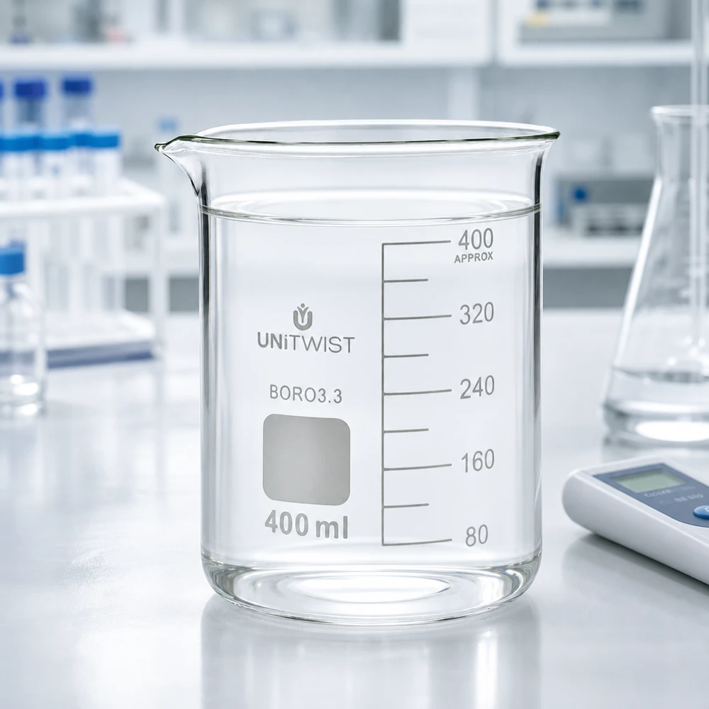 Bécher 400ml borosilicate, forme basse UNiTWIST Cilindrisch borosilicaat bekerglas van 400 ml met een lage vorm, met een heldere vloeistof in het profiel