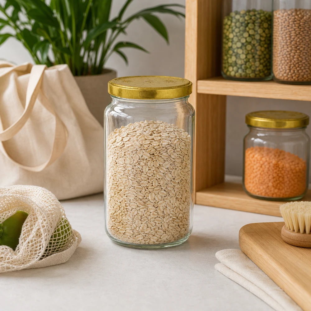795 ml ronde pot gevuld met havermout in duurzame zero-waste keuken met houten plank en opbergbakjes