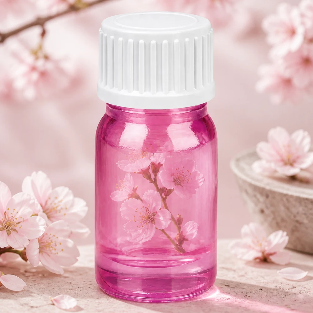 5 ml glazen flesje met glo finish in roze en witte dop voor hoogwaardige productpresentatie