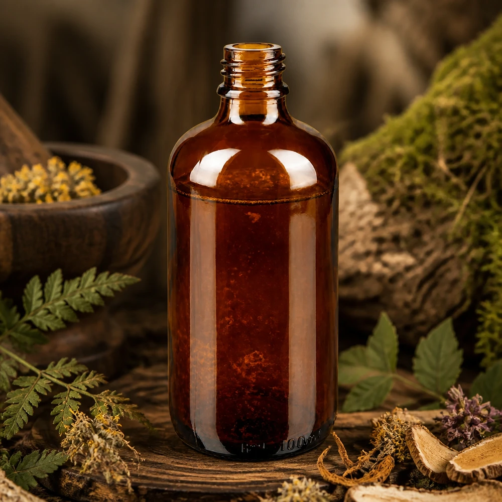 100ml bruine apothekersfles ApoGlas met varens, paddenstoelen en kruiden in een natuurlijke bosapotheek omgeving