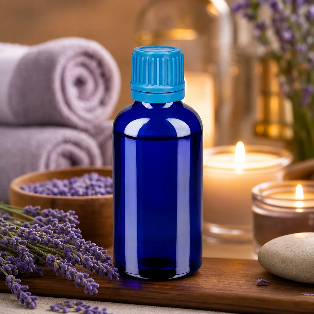 Compacte 50ml fles van speciaal blauw glas met professionele schroefdop