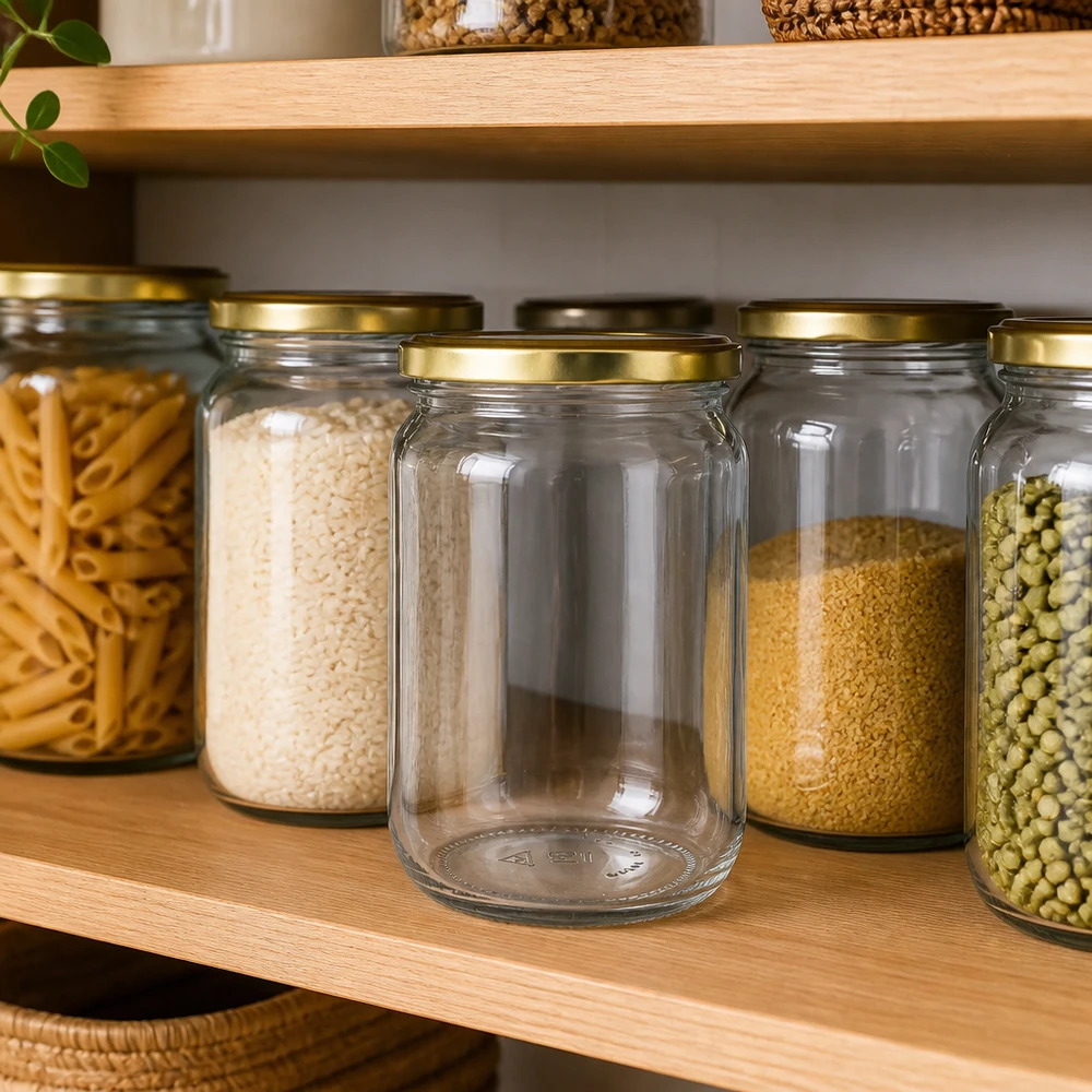 555 ml rond glas + BasicSeal-deksel goud UNiTWIST 555 ml ronde glazen pot BasicSeal goud voor droge voorraden zoals rijst, linzen en granen