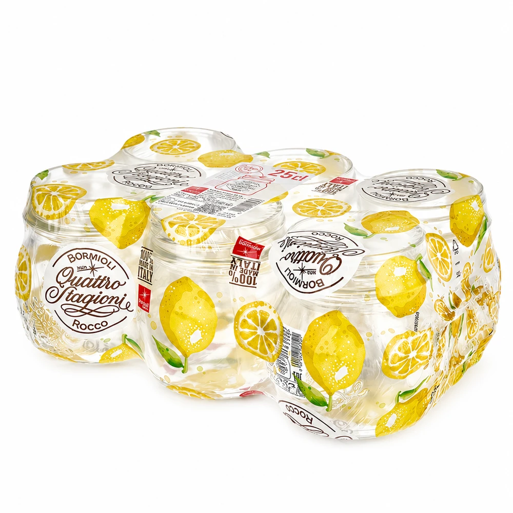 250 ml ronde pot Quattro Stagioni met citroenmotief en deksel Bormioli Rocco inmaakpot, verpakking van 6 stuks