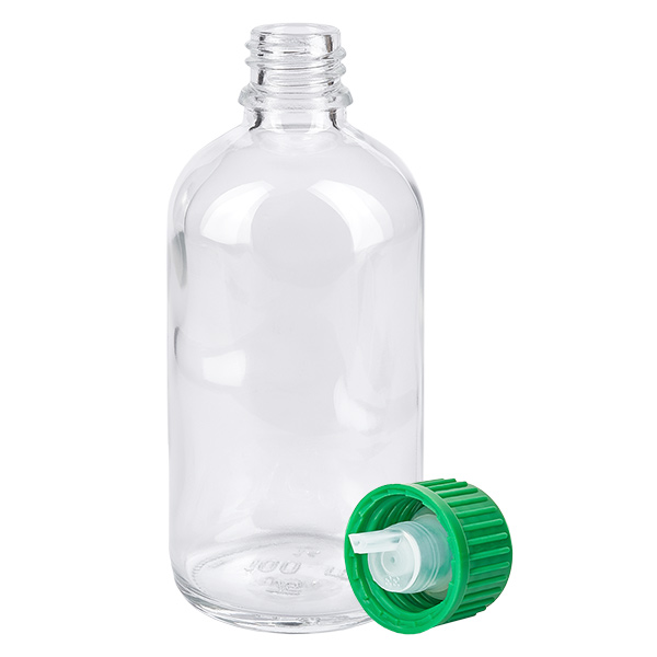 100ml druppelflesje 0.8mm groen STD ClearLine UT18/100 ClearLine-druppelfles van 100 ml van helder glas met een groene kindveilige dop en een druppelinzetstuk van 0,8 mm