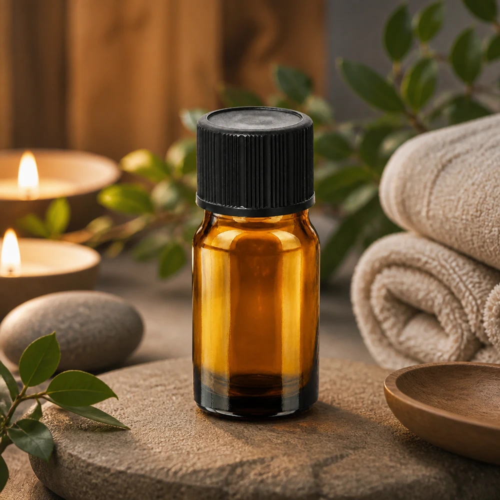 Klein amberkleurig glazen flesje van 5 ml met zwarte dop, ideaal voor aromatherapie en wellness