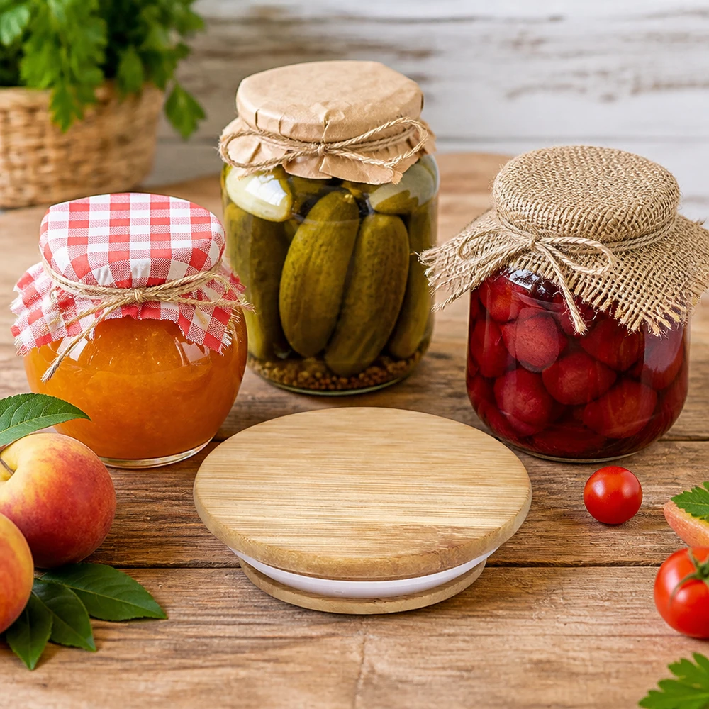 Houten deksel WECK RR100 Holzdeckel für WECK Gläser RR100 im Einsatz bei der Konservierung von Gurken Marmelade und eingelegtem Obst