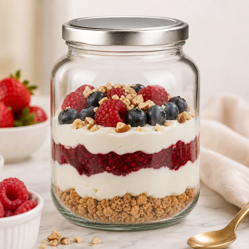 370ml Ovalglas BasicSeal als stylischer Dessertbehälter für geschichtetes Beerentrifle mit Joghurt und Nüssen