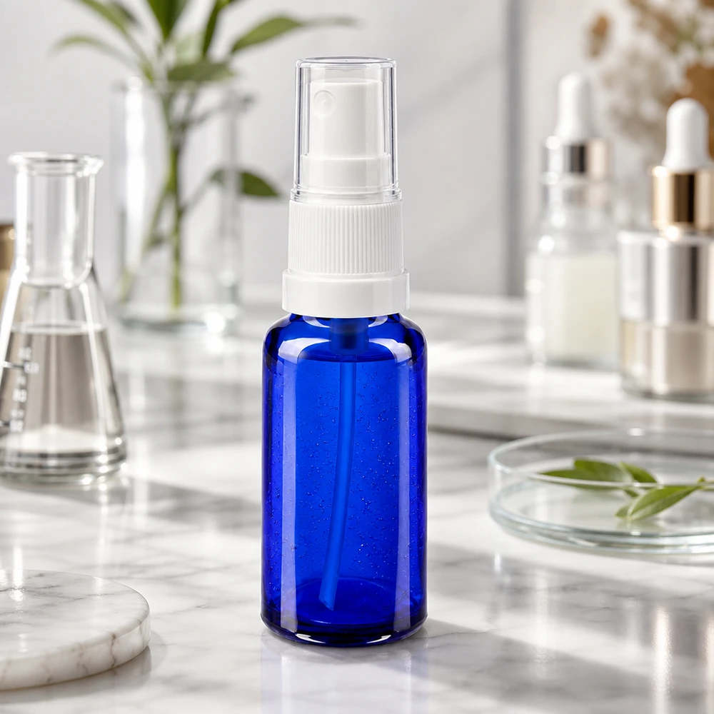 Blauwe glazen flessen 20ml met wit pompverstuiver Kleine blauwe glazen spuitflesje 20 ml STD voor parfum, hydrolaten en kamersprays ApoGlas