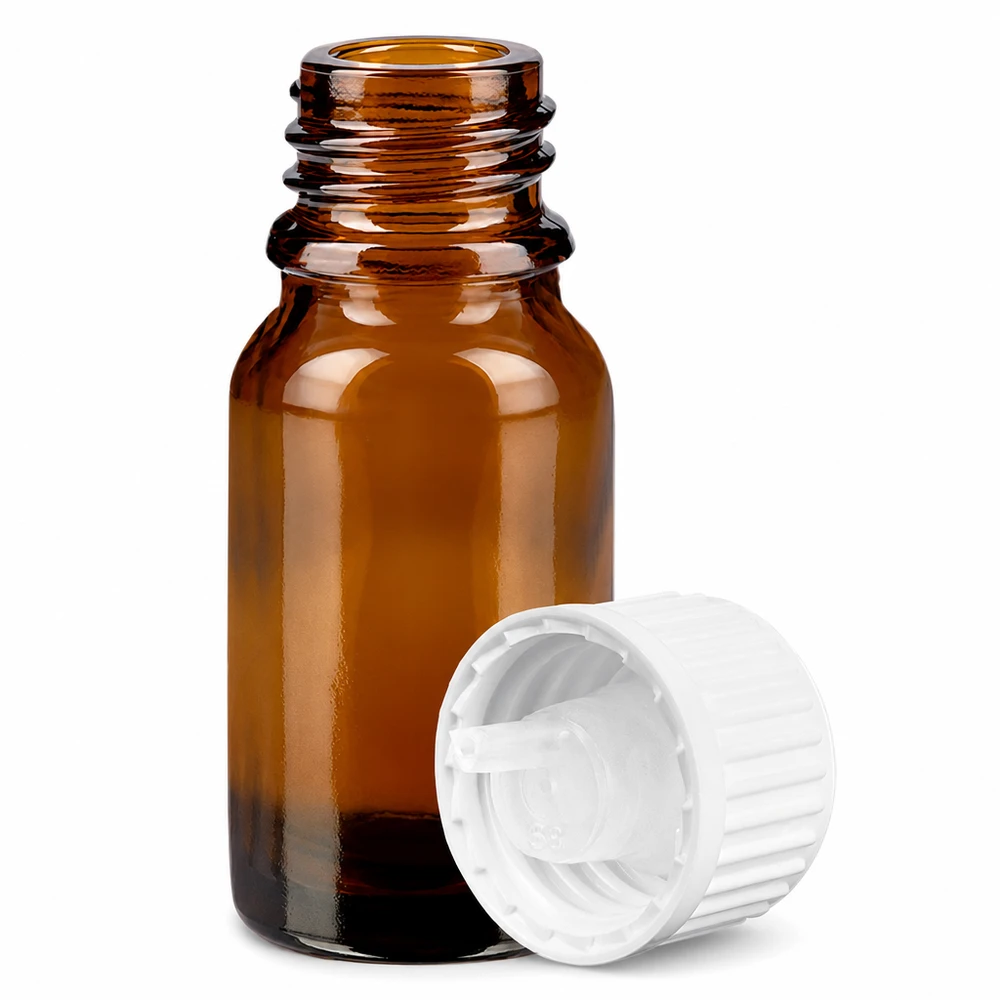 Handig amberkleurig glazen flesje van 10 ml met witte schroefdop voor nauwkeurige vloeistofdosering