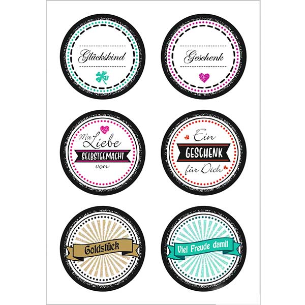 Sticker “Goldstück” (12 stickers met glitter) ø34mm | 2 vellen = 12 papieren stickers. Sticker “Goldstück” (12 stickers met glitter) ø34mm | 2 vellen = 12 papieren stickers.