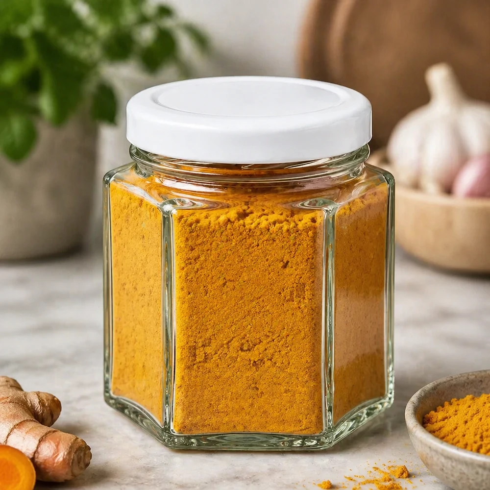 47 ml zeshoekig glazen potje met wit deksel gevuld met kurkumapoeder in natuurlijke keukenomgeving met gember