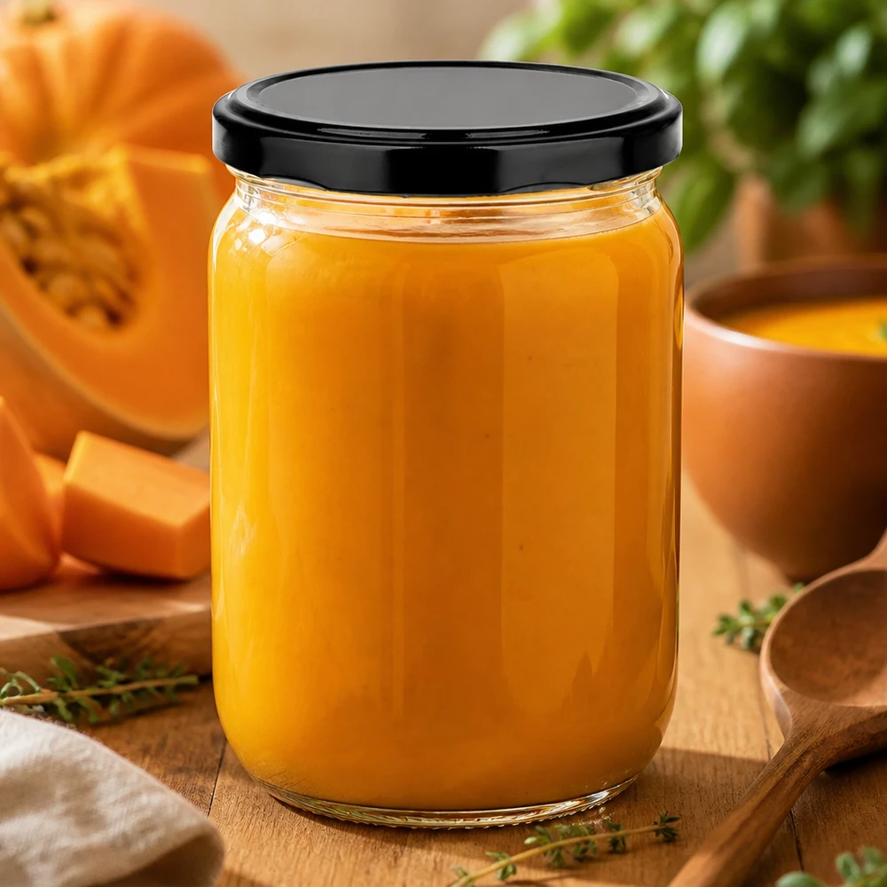 555 ml ronde glazen pot + BasicSeal-deksel, zwart, UNiTWIST Ronde glazen pot van 555 ml met luchtdichte BasicSeal-deksel (zwart), gevuld met oranje puree