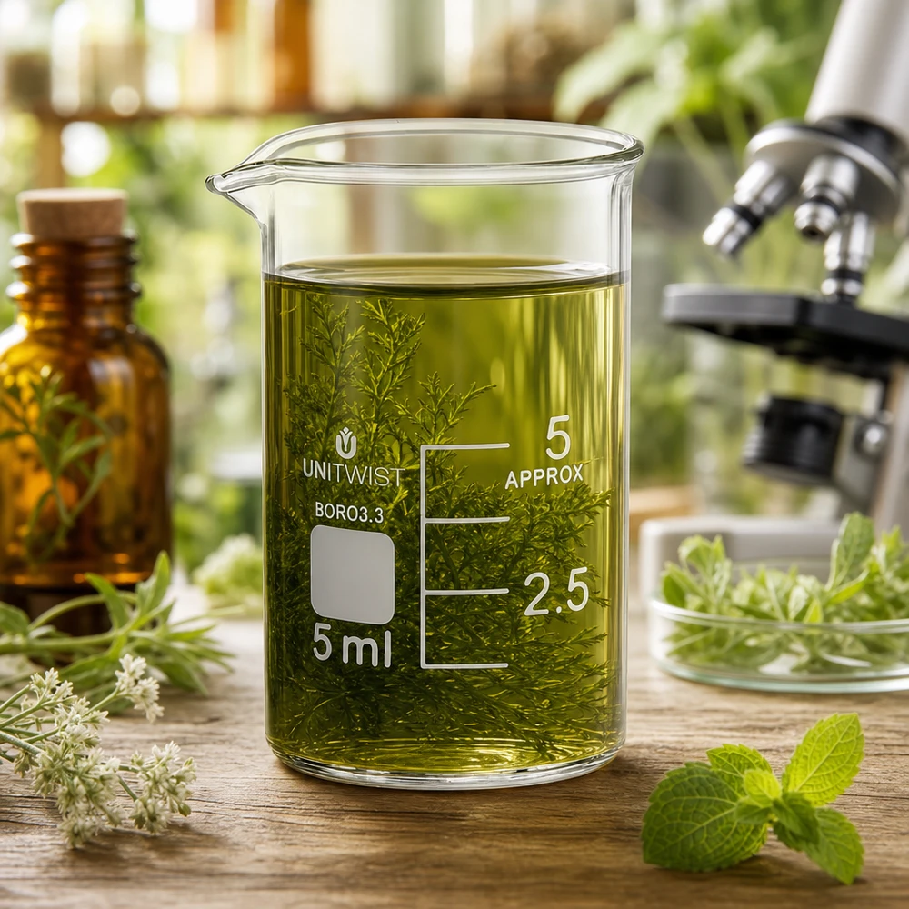 Doorzichtig bekerglas van 5 ml met een lage vorm, gevuld met geneeskrachtige kruiden en etherische oliën in het laboratorium