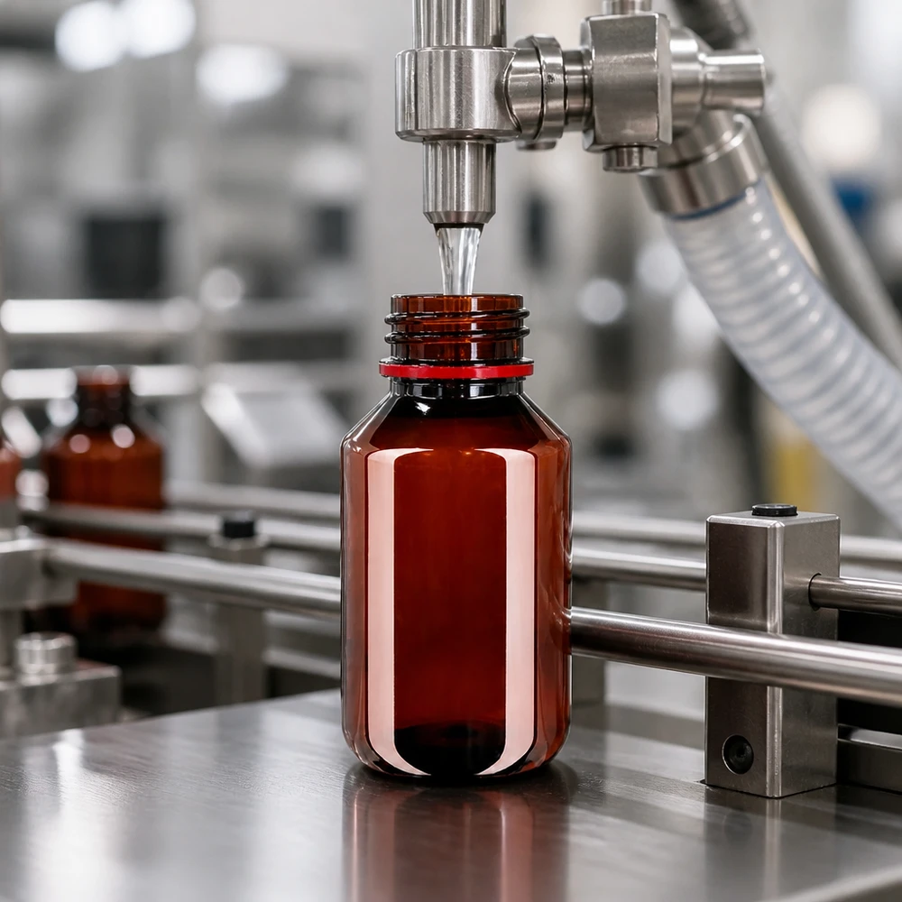 PET-fles 100ml met wit/rode dop OV Bruine ronde PET-fles van 100 ml met UV-bescherming wordt machinaal afgevuld in een cleanroom
