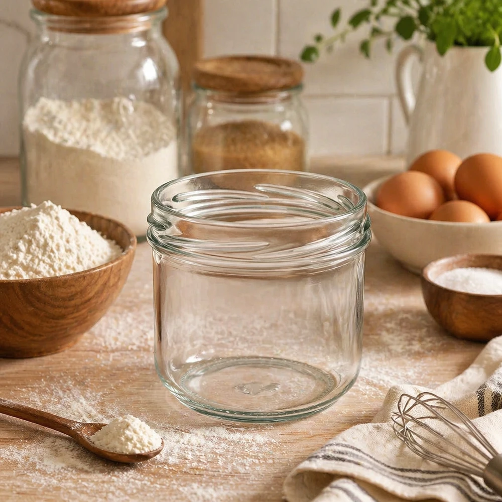 UNiTWIST Sturz260 ronde pot 260ml TO82 lege inmaakpot op keukentafel met bakingrediënten bloem eieren