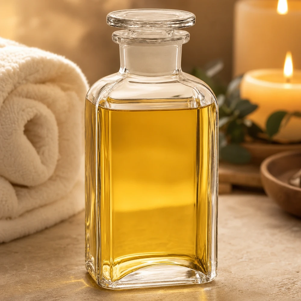 Goudgele olie in een vierkante glazen fles van 250 ml met glazen stop, in een wellness-omgeving