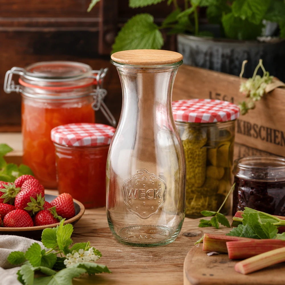 WECK glazen fles 530ml RR60 met houten deksel in rustieke keuken naast jam aardbeien en inmaakpotten