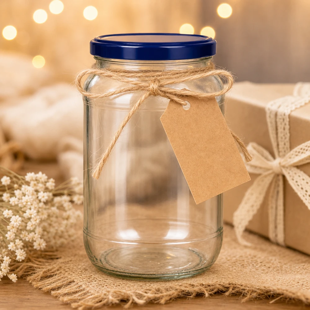 1062ml ronde pot BasicSeal blauw deksel UNiTWIST geschenkverpakking Kraftpapier etiket Jute lint Decoratie