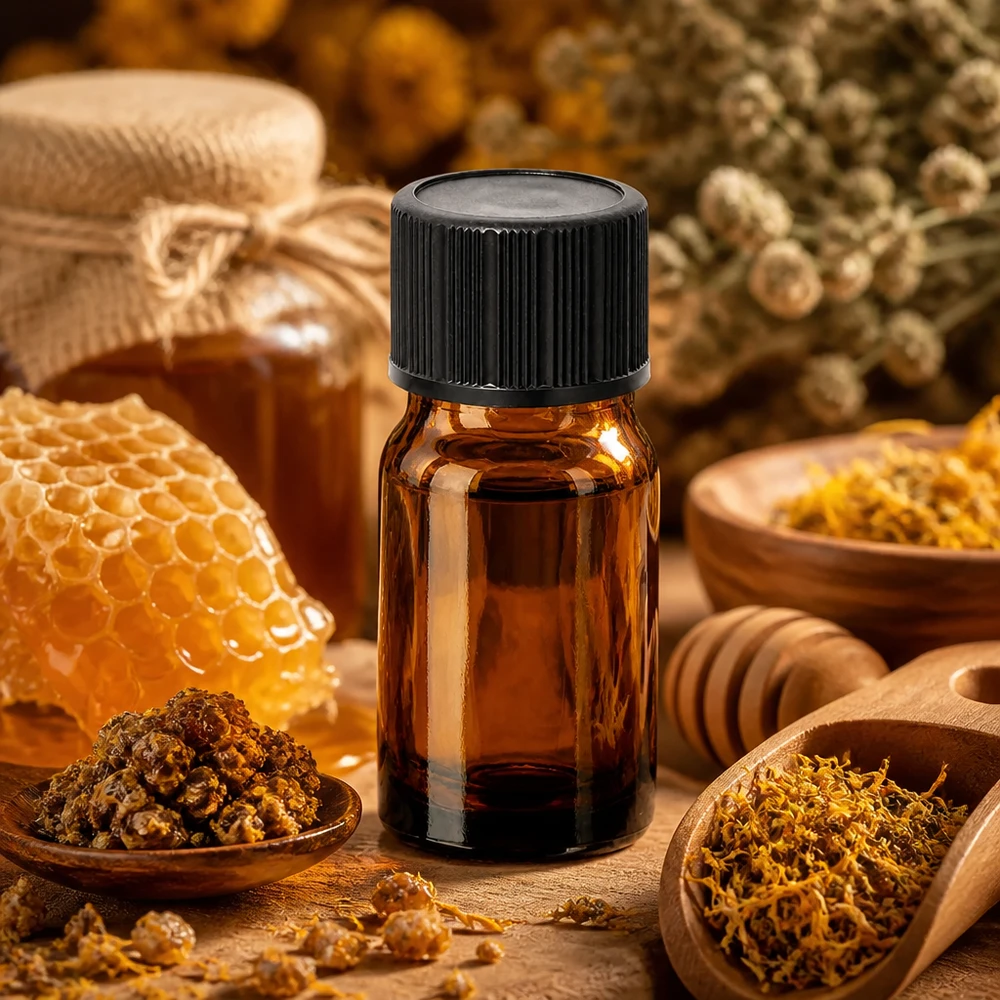 5 ml druppelflesje van amberkleurig glas met UV-bescherming en standaard zwarte dop