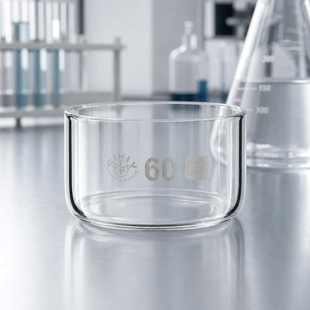 Kristalliseerschaal 60ml zonder schenktuit Lage glazen schaal van 60 ml, van hittebestendig borosilicaatglas, voor inkook- en kristallisatieproeven