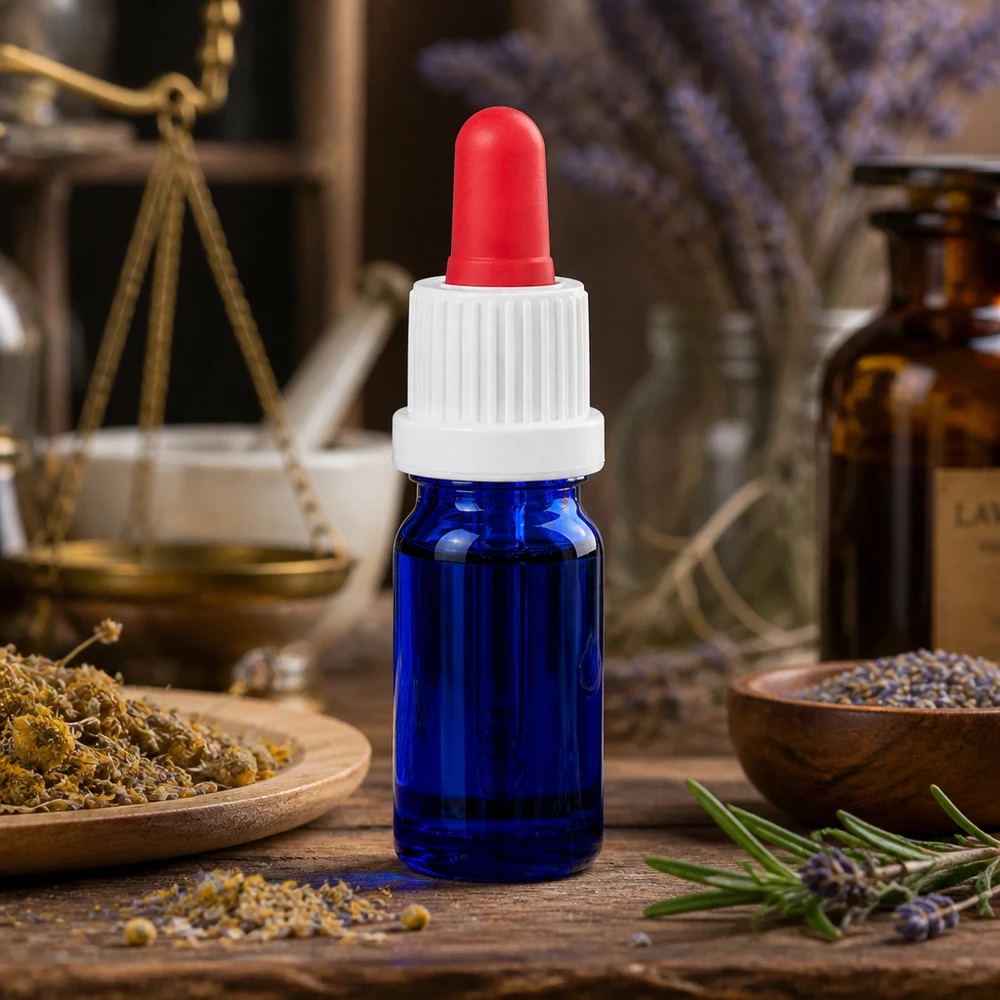 5ml pipetfles wit/rood OV BlueLine UT18/5 Handig blauw glazen flesje 5ml met precieze doseerpipet voor homeopathische middelen