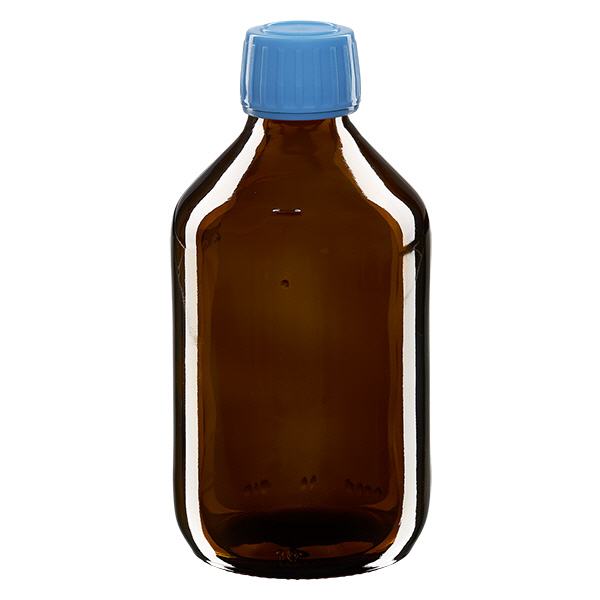 250ml Euro-medicijnfles bruin met blauwe schroefsluiting VR 250ml Euro-medicijnfles bruin met blauwe schroefsluiting VR