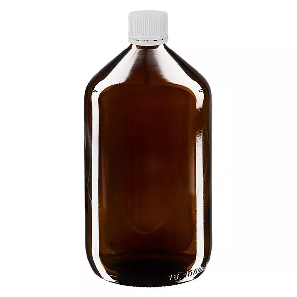1000ml Euro-medicijnfles bruin met witte schroefsluiting VR 1000ml Euro-medicijnfles bruin met witte schroefsluiting VR