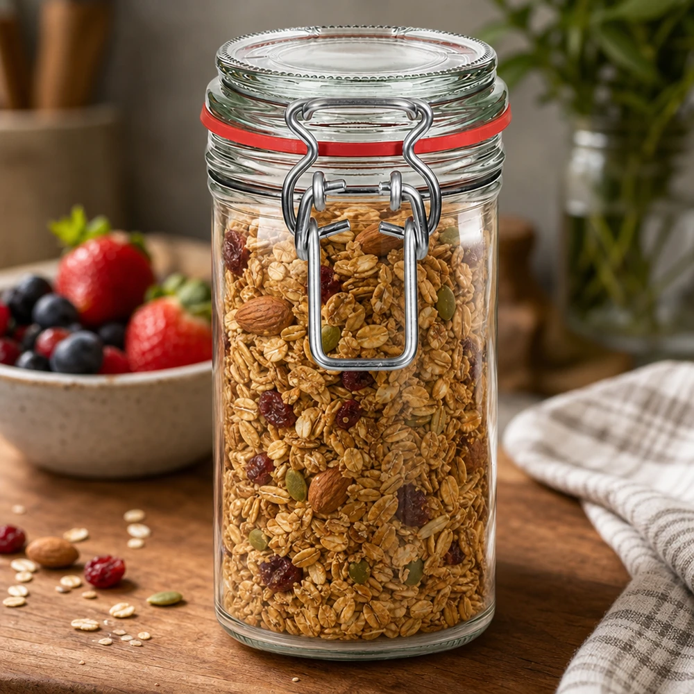 272 ml voorraadpot met draaidop gevuld met muesli en noten op houten tafel naast verse bessen