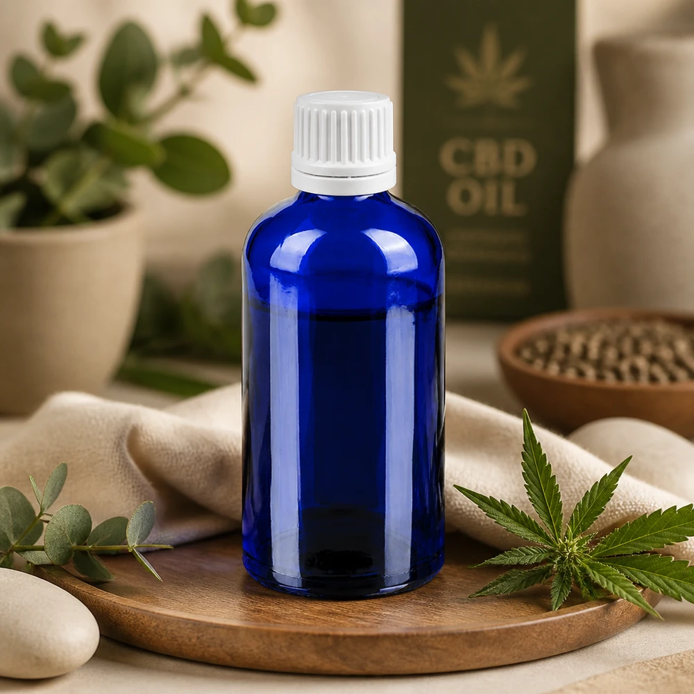 Precies 100ml druppelflesje met 0,7mm opening in blauw glas voor gecontroleerde vloeistofdosering