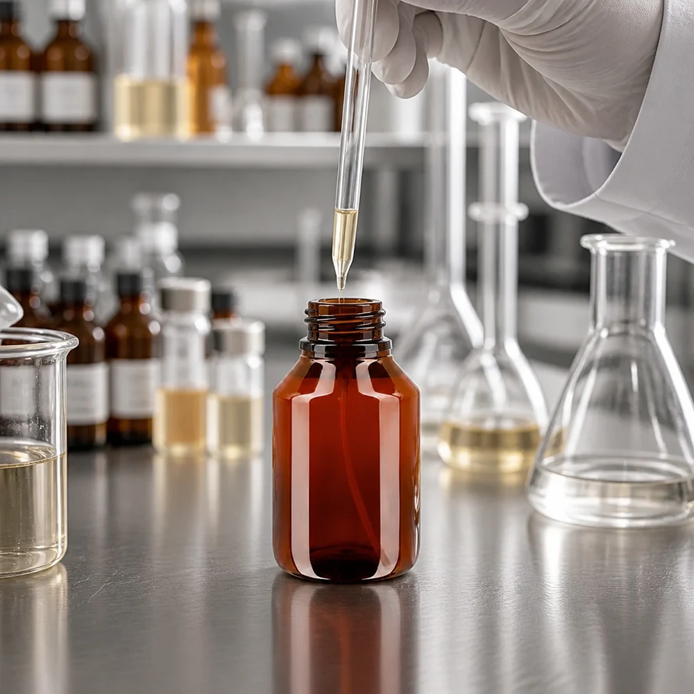 50 ml PET medicijnfles met verstuiver wit GCMI 28/410 incl. dop transparant, standaard Handschuhgeschützte Befüllung einer bernsteinfarbenen 50ml PET Sprühflasche im Labor