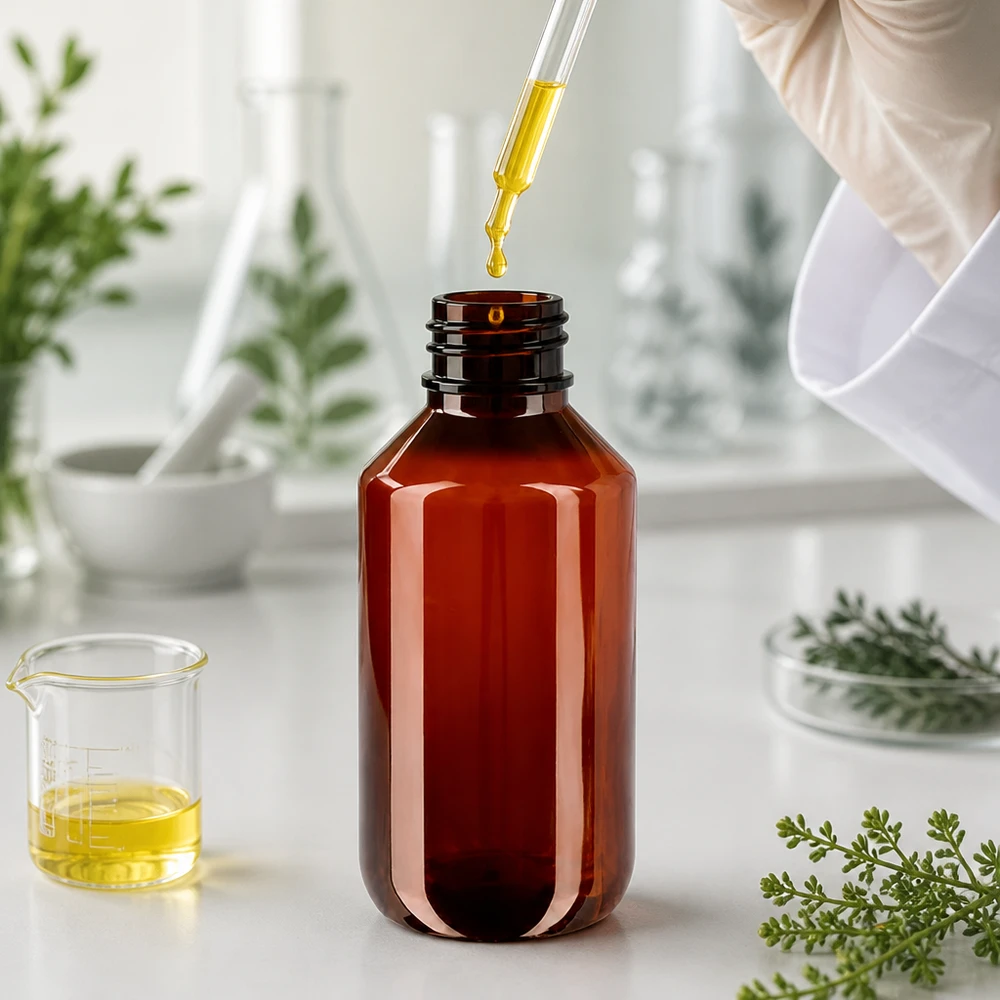 Lichtschutzflasche 200ml aus PET bernstein mit Spritzverschluss für Aromatherapie