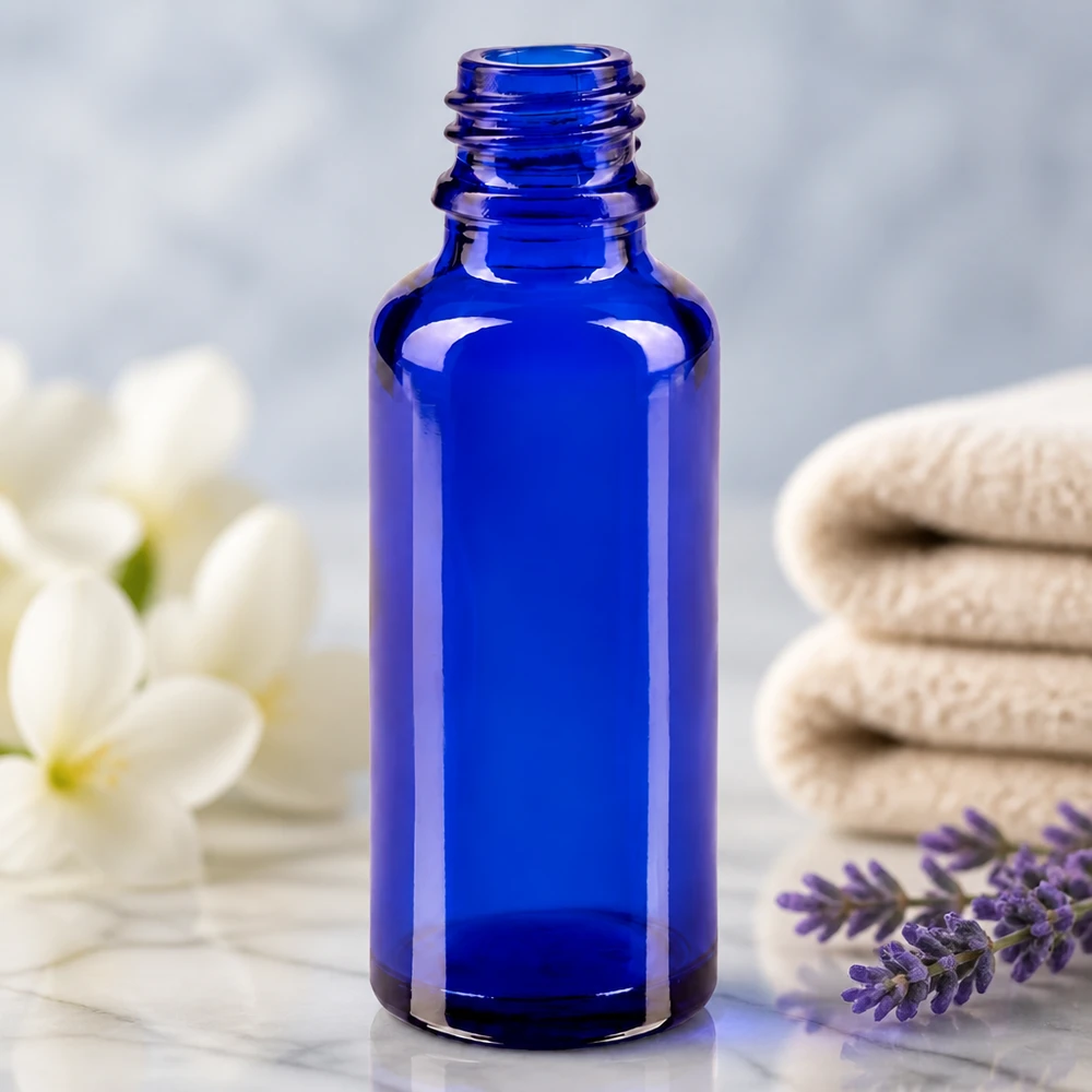 Blauwe glazen fles 30ml Blauwe apotheekfles ApoGlas 30 ml, cilindrische vorm met gladde zijkant en schroefdop