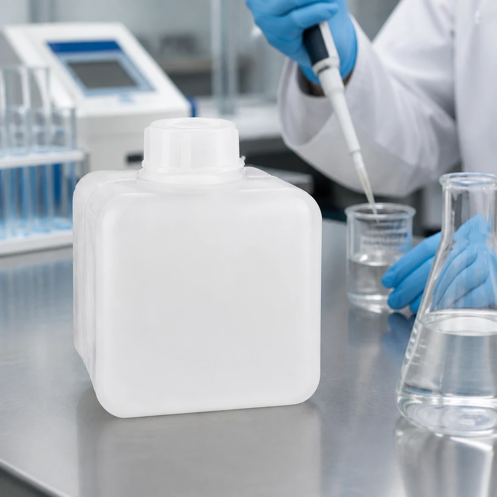 Chemicaliënfles 500 ml, nauwe hals, incl. sluiting GL 32 Witte PE-HD-kunststofcontainer van 500 ml met smalle hals voor chemicaliën, met een laboratoriummedewerker met blauwe handschoenen