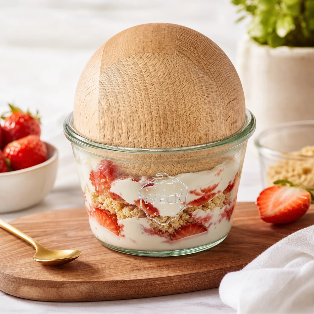 WECK RR100 pot 370ml gevuld met aardbeientoetje Beukenhouten boldeksel Gelaagd dessert Serveertoetje