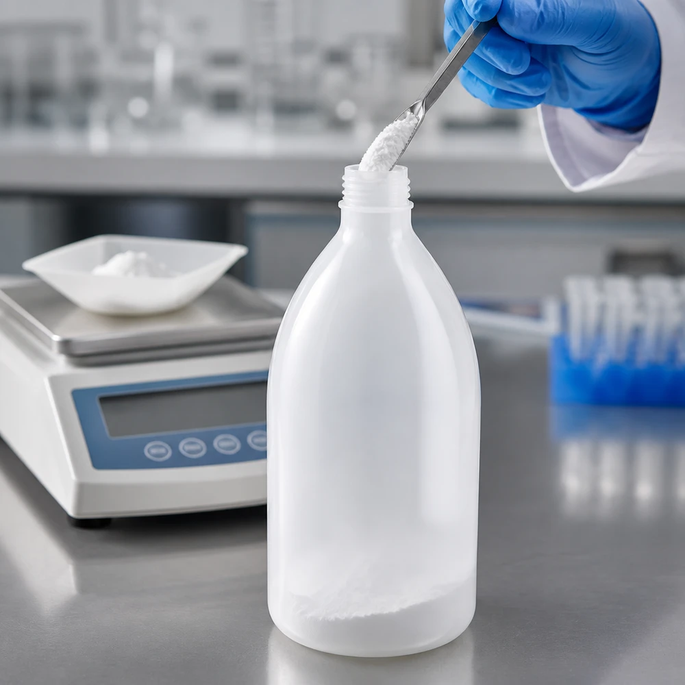Nauwe hals laboratoriumfles 1000ml zonder sluiting Witte, ondoorzichtige laboratoriumfles van 1000 ml met smalle hals; toepassing: het afvullen van poeder, weegbeker, laboratorium