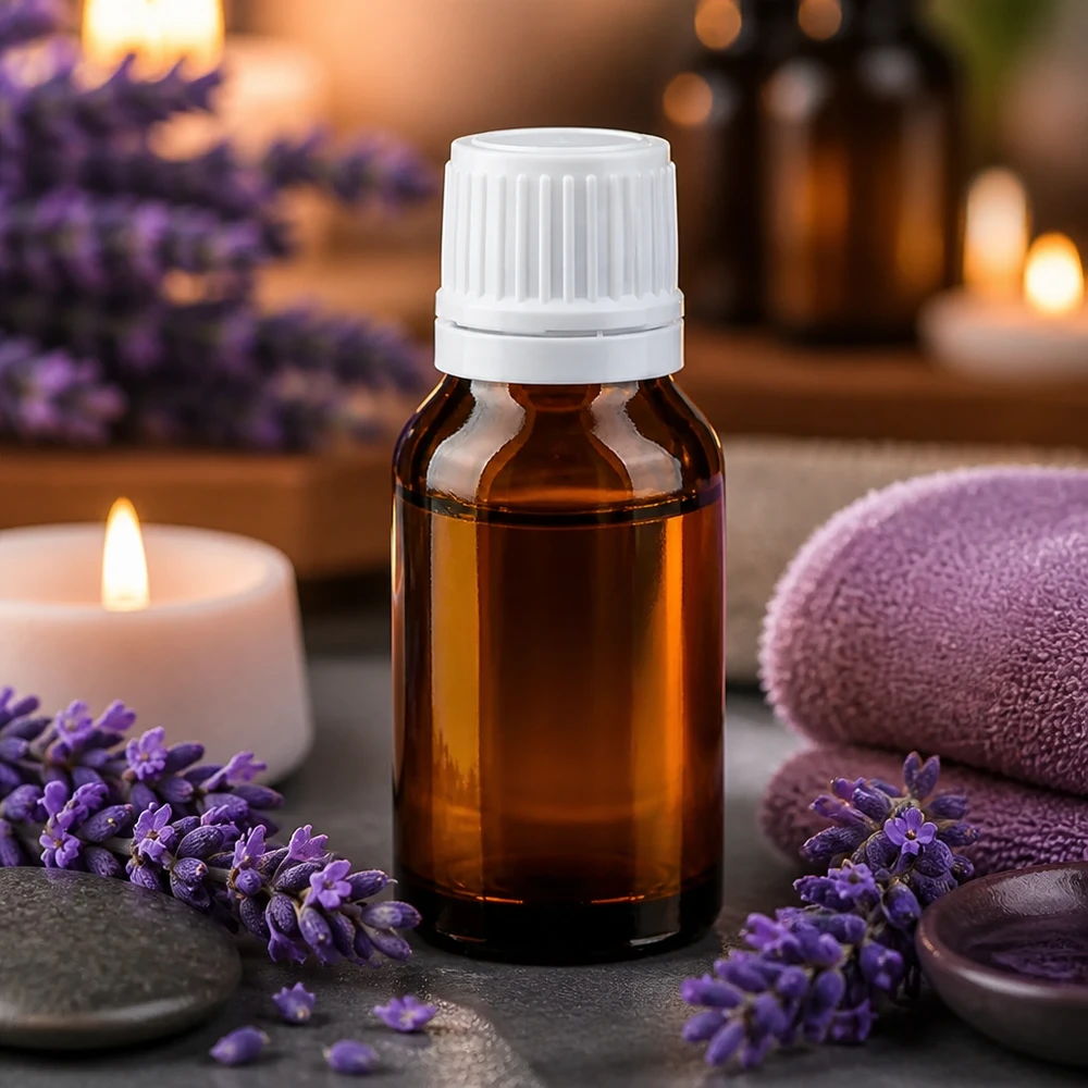 Amberkleurige glazen fles van 15 ml met kindveilige witte schroefdop – voor gebruik in de spa