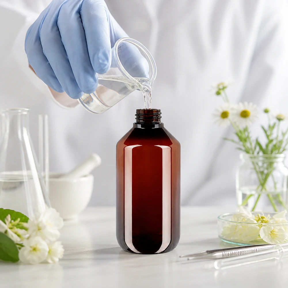 PET-fles 200ml met witte standaard OV Handige bruine PET-fles van 200 ml met OV voor etherische oliën en tincturen