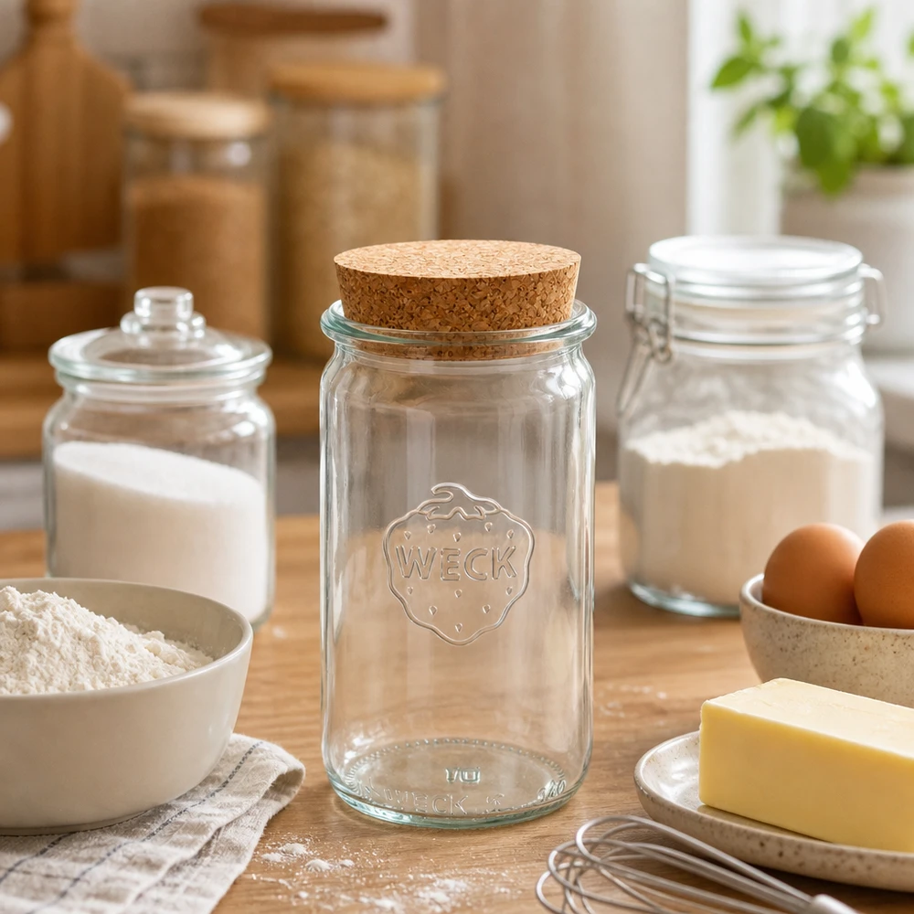 WECK inmaakpot 340ml RR60 met kurk tussen bakingrediënten bloem boter eieren als praktische keuken voorraadpot