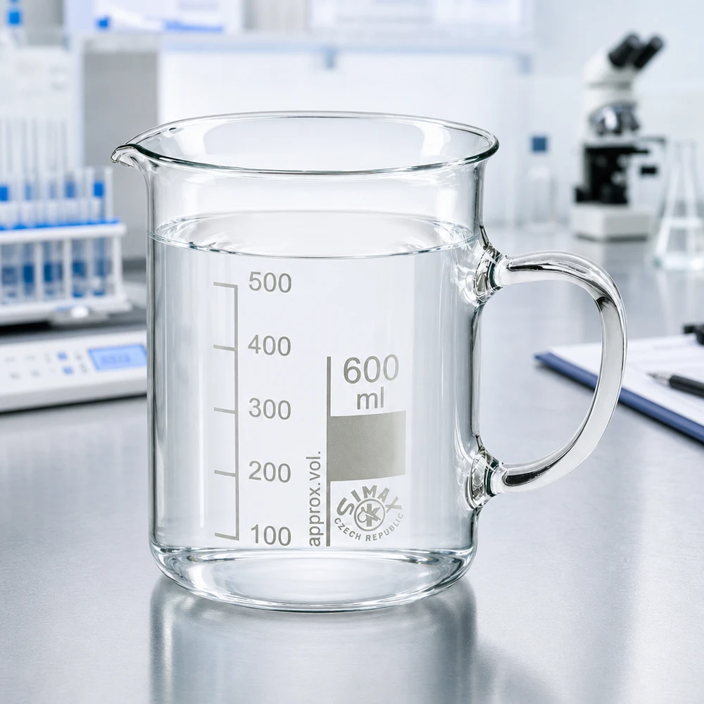 Cilindrisch bekerglas van 600 ml met handvat en schenktuit, vervaardigd uit hoogwaardig, helder borosilicaatglas