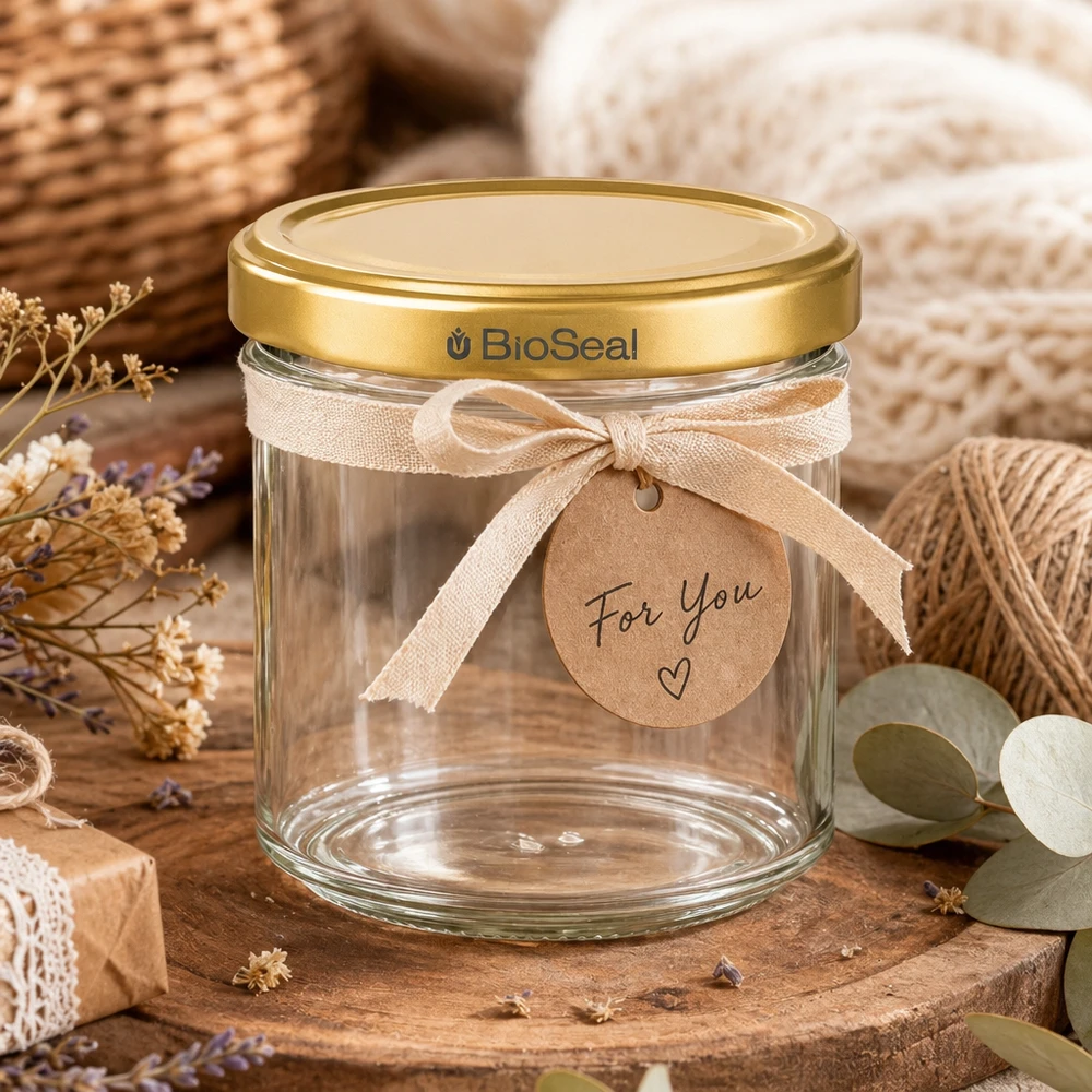200g honingpot leeg BioSeal gouden deksel als geschenk versierd met strik en For You label