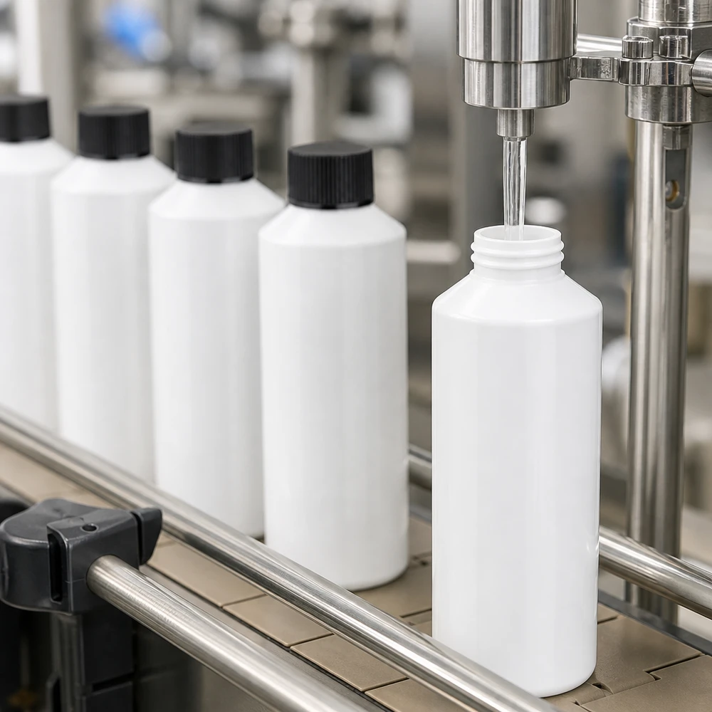 Witte HDPE-fles van 100 ml met een brede cilindrische behuizing wordt machinaal in de fabriek gevuld