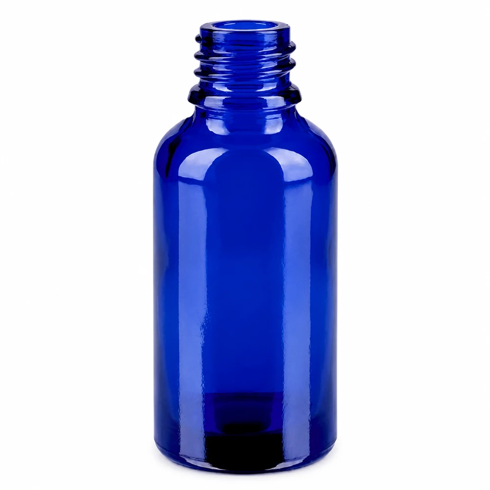 Compacte blauwe spuitfles 30ml van robuust glas voor dagelijks gebruik
