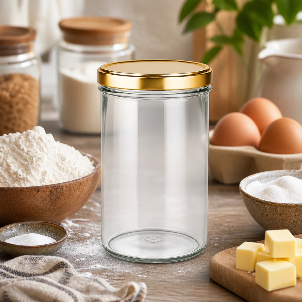 277ml glazen pot met gouden deksel in keuken met bakingrediënten bloem eieren boter als voorraadpot voor bakken