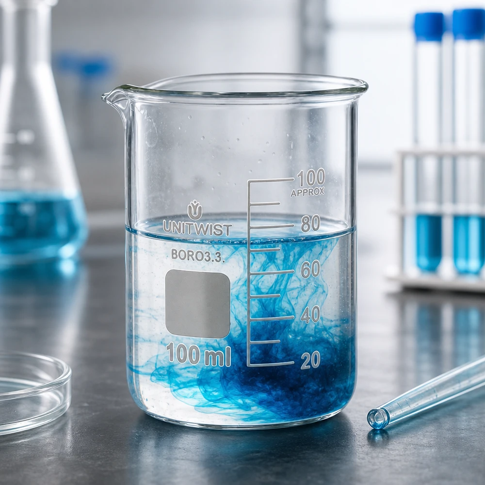 Beker 100ml borosilicaat, lage vorm UNiTWIST Opstelling voor een scheikundelaboratorium met UNiTWIST-reageerbuisjes van 100 ml en Erlenmeyer-kolven
