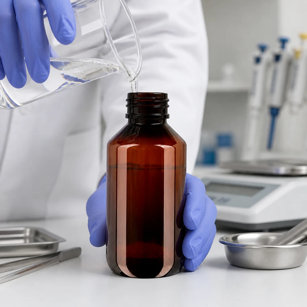 50 ml PET medicijnfles met verstuiver zwart GCMI 28/410 incl. dop transparant, standaard Compacte bruine PET-fles van 200 ml, ideaal voor het veilig bewaren van laboratoriumvloeistoffen